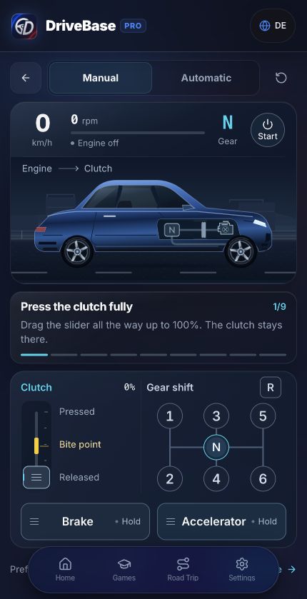 DriveBase gear-shift and clutch simulator with pedal travel and gear selection