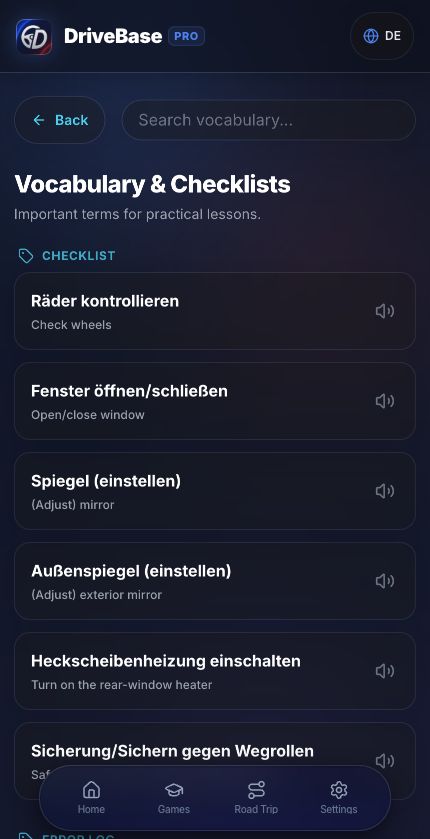 DriveBase driving-school vocabulary with German terms and English translations