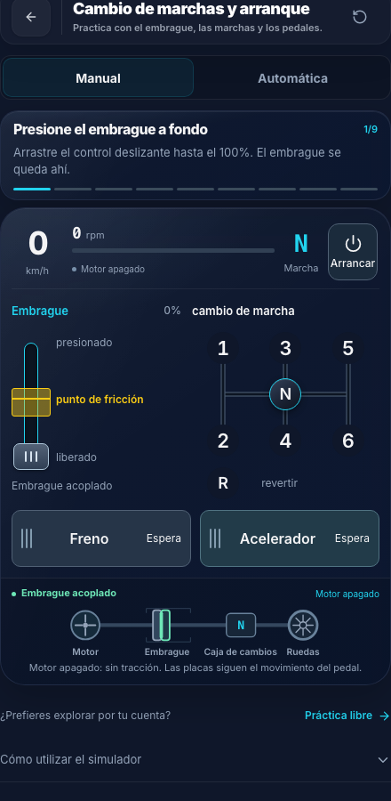 Simulador de cambio y embrague DriveBase con recorrido del pedal y selección de marchas